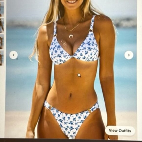 Brand New Ditsy Floral Ring Linked Triangle Bikini Swimsuit Blue & White Various - Picture 1 of 8